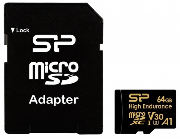 SILICON POWER Golden Series - High Endurance flashminnekort (microSDXC til SD-adapter inkludert) - 64 GB - A1 / Video Class V30 / UHS-I U3 / Class10