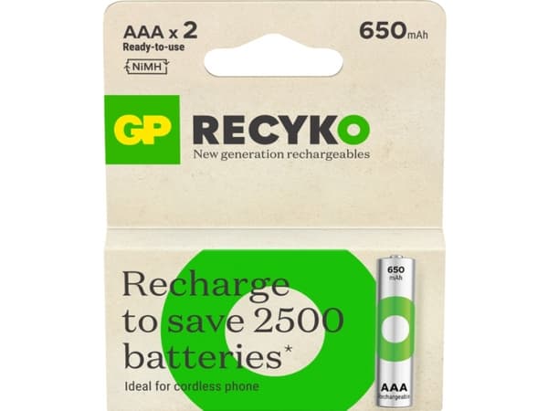 GP Batteries 201248, Oppladbart batteri, AAA, Nikkelmetallhydrid (NiMH), 1,2 V, 2 stykker, 650 mAh