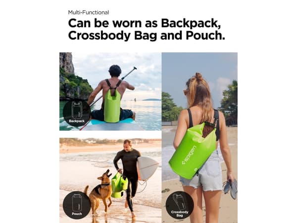 Spigen AquaShield WaterProof Dry Bag 20L + 2L A630, Cactus Green, Backpacking, Beach activity, Camping, Canoeing, Kayaking, Water sport activity, Uni