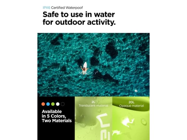 Spigen AquaShield WaterProof Dry Bag 20L + 2L A630, Cactus Green, Backpacking, Beach activity, Camping, Canoeing, Kayaking, Water sport activity, Uni