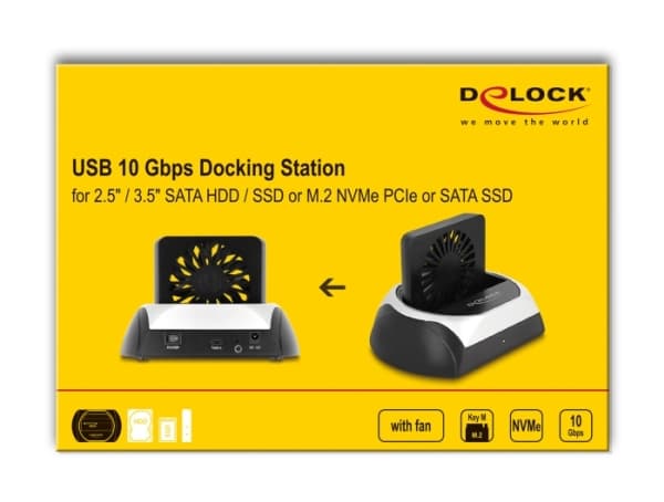 Delock - HDD / SSD-dokkestasjon - 10 Gbps, with fan - brønner: 1 - 2,5" / 3,5" delt, M.2 - M.2 NVMe Card / SATA 6Gb/s - USB-C 3.2 (Gen 2) - svart, gr