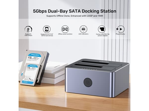Unitek dokkingstasjon Unitek Disk kloningsstasjon 2 x SATA 2,5"/3,5" USB 5Gbps