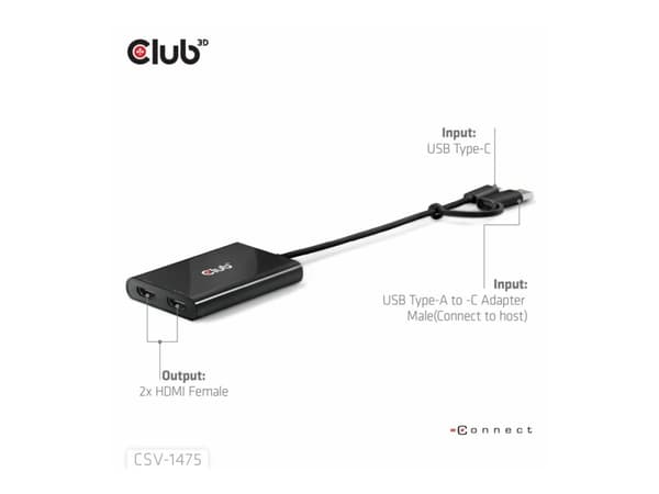 CLUB3D CSV-1475, USB Type-C, 2x HDMI, 3840 x 2160 pixels, Black, 10 bit, 61 mm