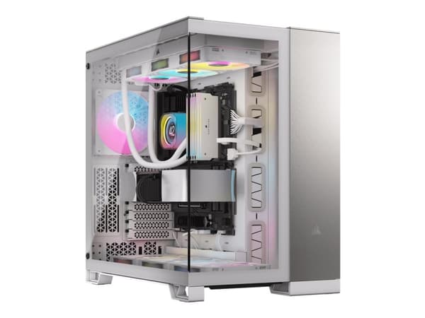 CORSAIR 6500X - Mid tower - utökad ATX - genomskinlig sidopanel (härdat glas) - ingen strömförsörjning (ATX) - vit, satingrått aluminium - USB/ljud Grå, Vit