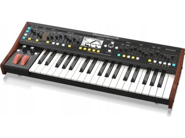 Behringer Deepmind 6, Analog synthesizer, Choruseffekt, Försening, Flanger / Digital Signal Processing (DSP), Phaser, Reverb, Svart, Vit, LCD, AC
