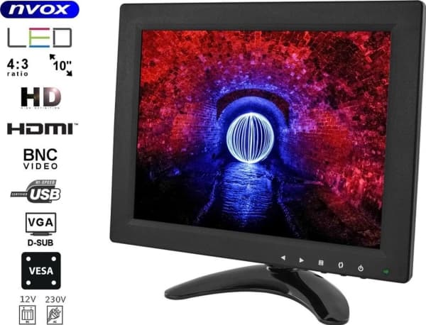 Auton LCD-näyttö 10 tuuman LED VGA HDMI AV AV USB BNC 12V 230V ... (NVOX PC105VHB)