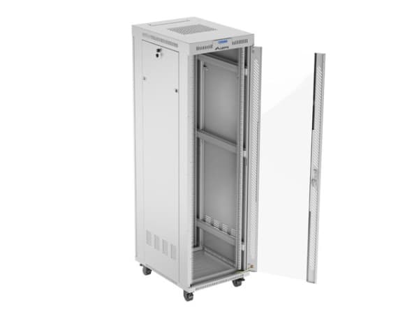 Lanberg FF01 series V2 - Rack skap - 600x800, flat pack, glass door, LCD - med LCD-skjerm, termostat - fritt stående - grå, RAL 7035 - 42U - 19"