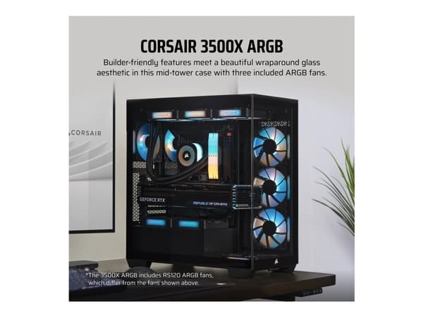 CORSAIR 3500X ARGB - Keskitorni - laajennettu ATX - sivupaneeli ikkunalla (karkaistu lasi) - ei virtalähdettä (ATX) - musta - USB/ääni
