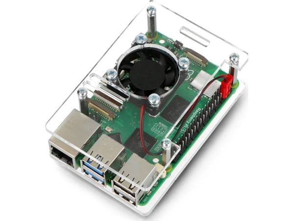 Gravlaser-veske for Raspberry Pi 5 - åpen med vifte - gjennomsiktig}