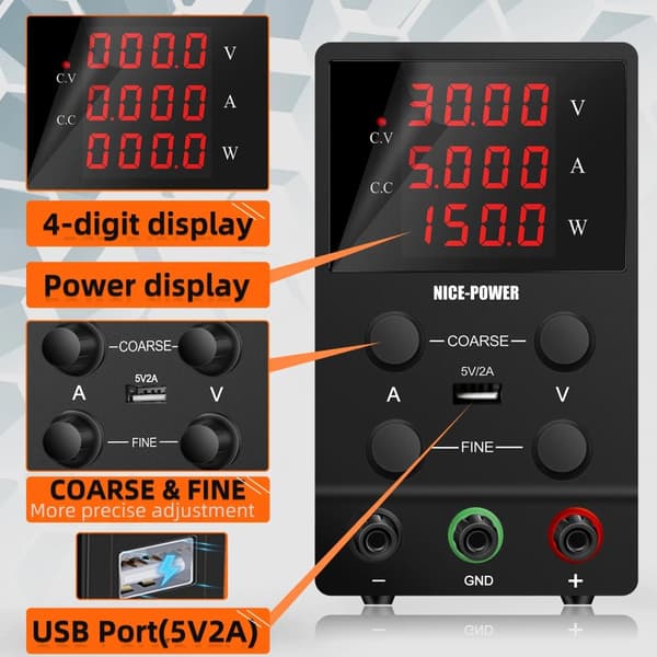 Justerbar Lab Strømforsyning, 4-Cifret Display, Grov og Fin Justering, 5V/2A USB Port,LED SPS305, AC 220V
