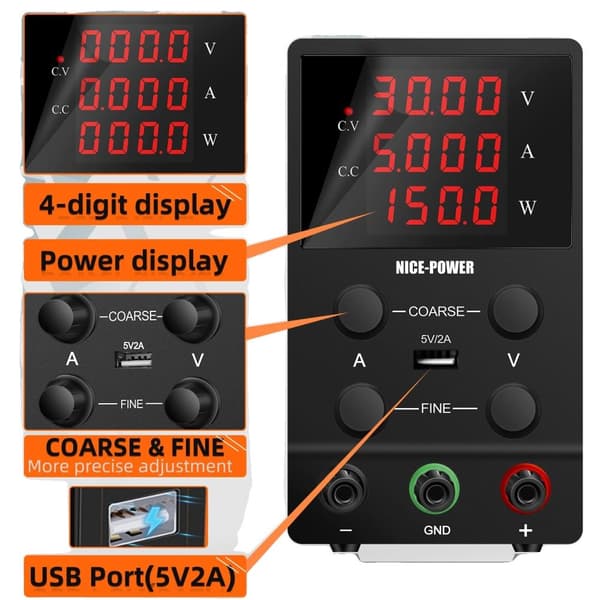 Justerbar Lab Strømforsyning, 4-Cifret Display, Grov og Fin Justering, 5V/2A USB Port,LED SPS305, AC 220V