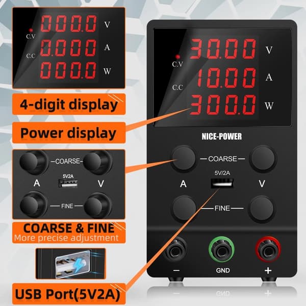 Justerbar Lab Strømforsyning, 4-Cifret Display, Grov og Fin Justering, 5V/2A USB Port,LED SPS305, AC 220V