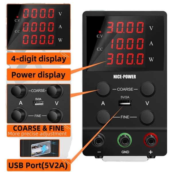Justerbar Lab Strømforsyning, 4-Cifret Display, Grov og Fin Justering, 5V/2A USB Port,LED SPS305, AC 220V LED SPS3010