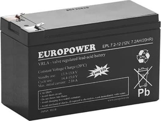 Europower EUROPOWER AGM batteri EPL-serien 12V 7,2Ah T1 (levetid 15 år)