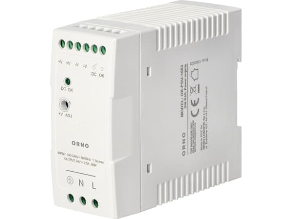 Orno Teollisuuden virtalähde, DIN-kisko, 24VDC, 2.5A, 60W, muovikotelossa