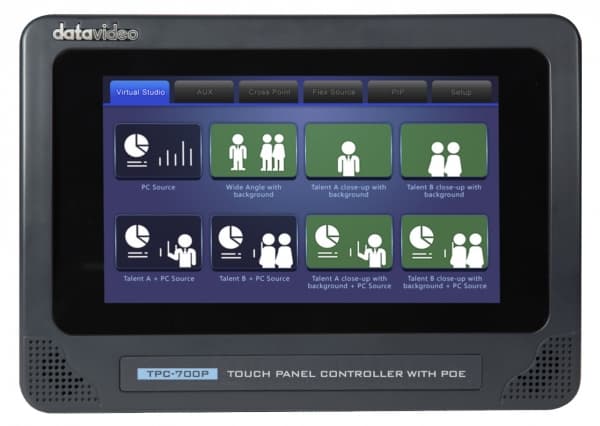 DataVideo TPC-700P, 17,8 cm (7"), 800 x 480 pixlar, Svart, Touch, IEEE 802.3af, DC Svart