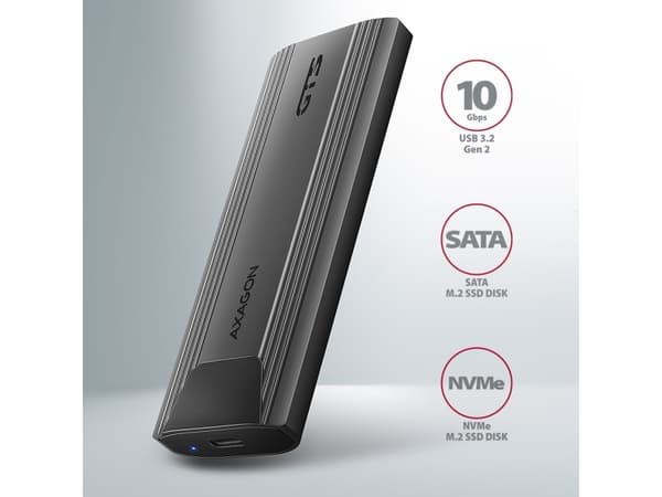 Axagon EEM2-GTS2, SSD-kabinett, M.2, NVMe-oF, SATA, 10 Gbit/s, USB-tilkobling, Sort