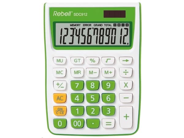 Rebell SDC912, Desktop, Grunnleggende, 12 sifre, 1 linjer, Batteri/Solcelle, Grønn