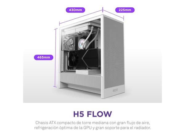 NZXT H series H5 Flow - Mid tower - utökad ATX - genomskinlig sidopanel (härdat glas) - ingen strömförsörjning - vit - USB/ljud