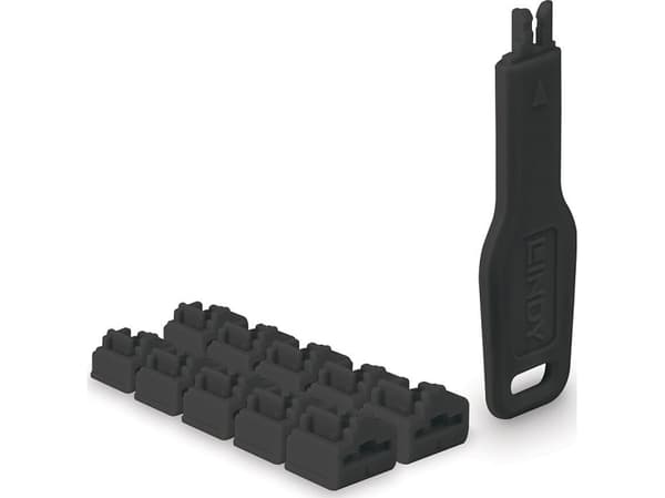 Lindy 47891, Portblockerare + nyckel, RJ-45, Svart, Akrylnitrilbutadienstyren (ABS), 10 styck, Polypåse