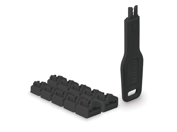 Lindy 47891, Portblockerare + nyckel, RJ-45, Svart, Akrylnitrilbutadienstyren (ABS), 10 styck, Polypåse