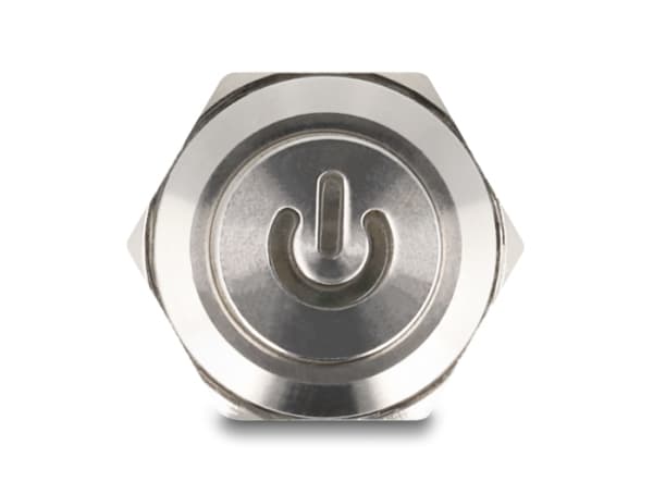 Delock - Push button - for 12 mm installation, 4 x solder connection, red power symbol LED - panelmonterbar - AC 230 V - sølv