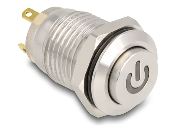 Delock - Push button - for 12 mm installation, 4 x solder connection, red power symbol LED - panelmonterbar - AC 230 V - sølv Sølv