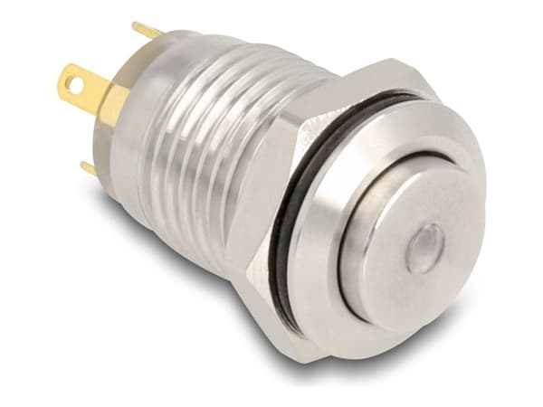 Delock - Push button - for 12 mm installation, 4 x solder connection, green LED dot - panelmonterbar - AC 230 V - sølv Sølv