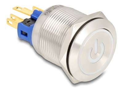 Delock - Push button - for 22 mm installation, 6 x solder connection, white LED power symbol and ring - panelmonterbar - AC 230 V - sølv Sølv