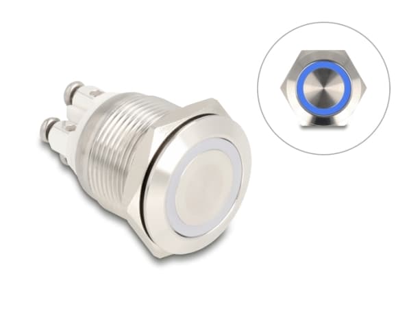 Delock - Push button - for 19 mm installation, 4 x screw terminal, blue LED - panelmonterbar - AC 230 V - sølv