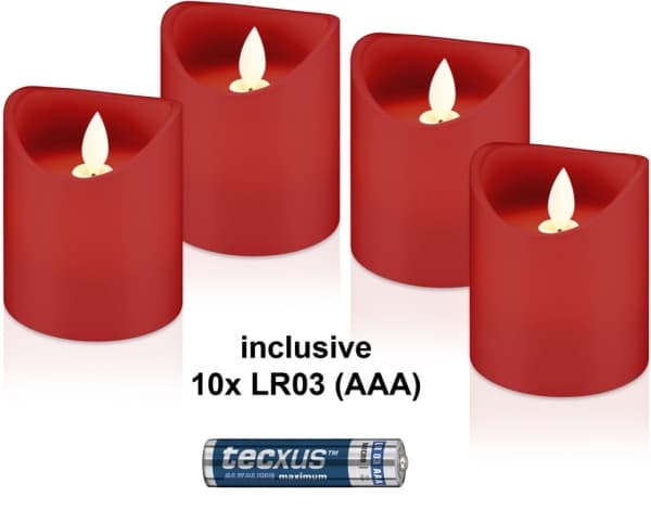 Sæt med 4 LED-stearinlys i voks, rød, inkl. 12x AAA (LR03)