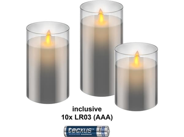 3 LED-vahakynttilän sarja lasissa, harmaa-läpinäkyvä, sis. 10x AAA (LR03)
