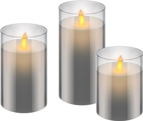 3 LED-vahakynttilän sarja lasissa, harmaa-läpinäkyvä, sis. 10x AAA (LR03)