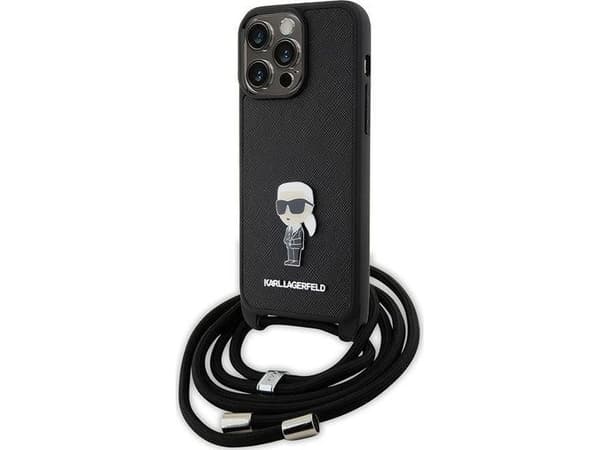 Apple iPhone 15 Pro Max Karl Lagerfeld Case Crossbody Saffiano Monogram Metal Pin Karl &amp; Choupette (KLHCP15XSASKNPSK) musta
