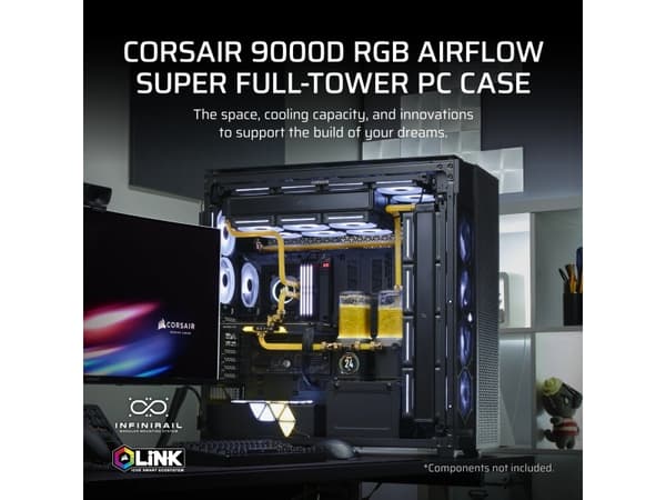 CORSAIR 9000D RGB AIRFLOW - Super full tower - SSI EEB - genomskinlig sidopanel (härdat glas) - ingen strömförsörjning (ATX) - svart - USB/ljud