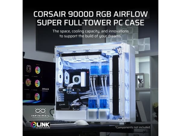 CORSAIR 9000D RGB AIRFLOW - Super full tower - SSI EEB - sidepanel med vindu (herdet glass) - ingen strømforsyning (ATX) - hvit - USB/lyd
