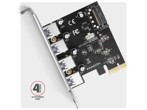 Axagon AXAGON PCEU-430RS-kontroller, PCIe-kontroller, 4x USB 5Gbps-port, SATA-strømforsyning, Renesas PD720201, SP