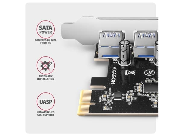 Axagon AXAGON PCEU-430RS-kontroller, PCIe-kontroller, 4x USB 5Gbps-port, SATA-strømforsyning, Renesas PD720201, SP