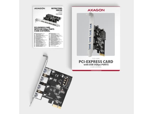 Axagon AXAGON PCEU-430RS-kontroller, PCIe-kontroller, 4x USB 5Gbps-port, SATA-strømforsyning, Renesas PD720201, SP