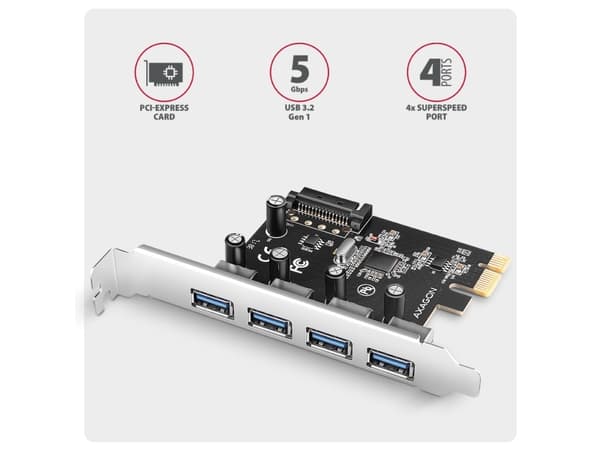Axagon AXAGON PCEU-430RS-kontroller, PCIe-kontroller, 4x USB 5Gbps-port, SATA-strømforsyning, Renesas PD720201, SP
