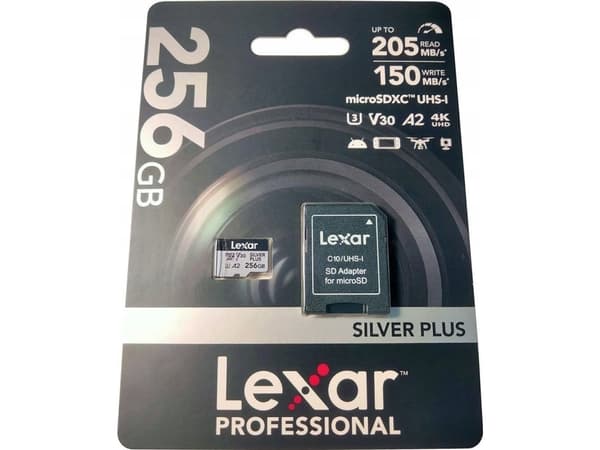 Lexar Professional SILVER PLUS, 256 GB, MicroSDXC, Klass 3, UHS-I, 205 MB/s, 150 MB/s