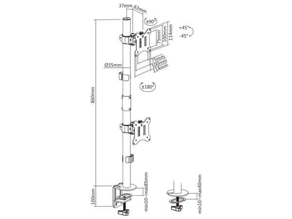 InLine 23108F, Klemme/malje, 9 kg, 43,2 cm (17"), 81,3 cm (32"), 100 x 100 mm, Sort