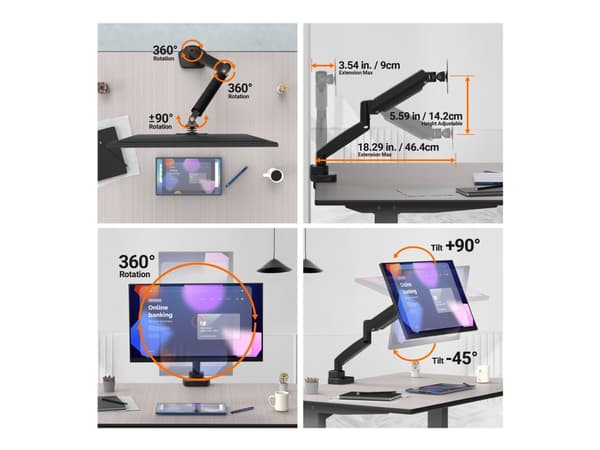 j5create JTSA301 Ergonomic Monitor Mount with Dock, Black, Clamp/Grommet, 8 kg, 43.2 cm (17"), 81.3 cm (32"), 100 x 100 mm, Black