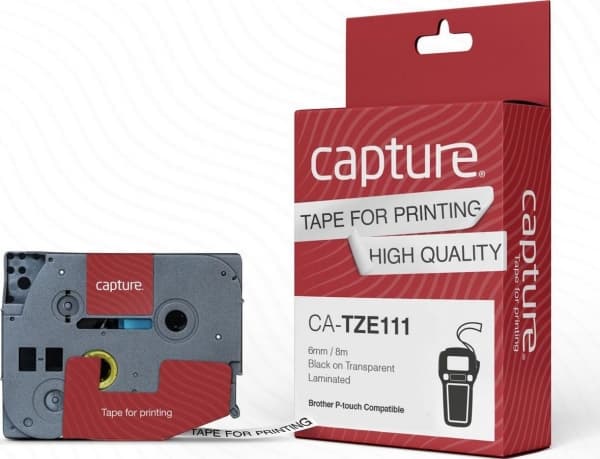 Capture - Nylon - svart på transparent - Rulle (0,6 cm x 8 m) 1 kassett(er) hängande låda - bandlaminat (alternativ för: Brother TZE111)