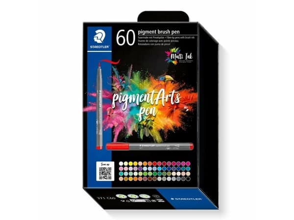 Staedtler Pigment Arts Pen, 60 farger, Flerfarget, Pensel tupp, Rund, Resirkulert plast, Vann-basert blekk