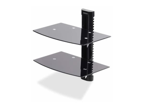 StarTech.com Dual Floating Wall-Mounted AV Shelves, Adjustable Height Shelf For Under TV, Organize A/V Equipment On Black Tempered Glass Shelves - Hy