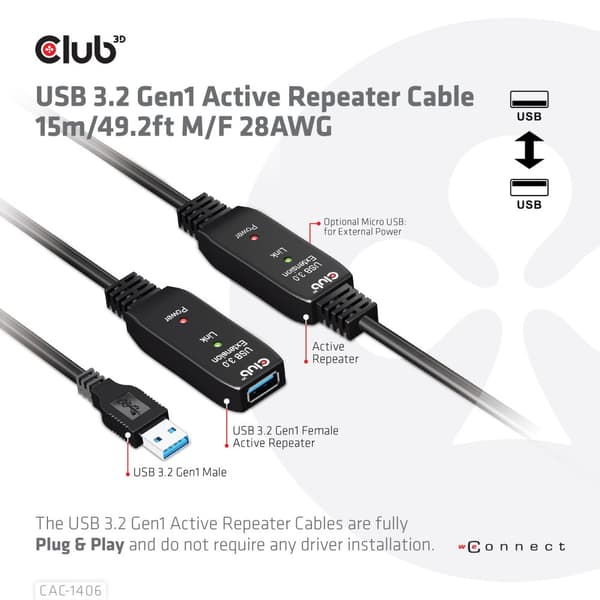 CLUB3D CAC-1406 USB-kablar USB 3.2 Gen 1 (3.1 Gen 1) 15 m USB A Svart