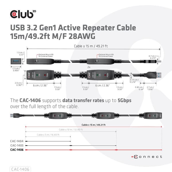 CLUB3D CAC-1406 USB-kablar USB 3.2 Gen 1 (3.1 Gen 1) 15 m USB A Svart