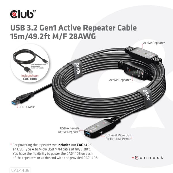 CLUB3D CAC-1406 USB-kablar USB 3.2 Gen 1 (3.1 Gen 1) 15 m USB A Svart