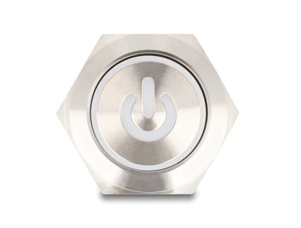 Delock - Push button - for 22 mm installation, 6 x solder connection, white LED power symbol and ring - panelmonterbar - AC 230 V - sølv